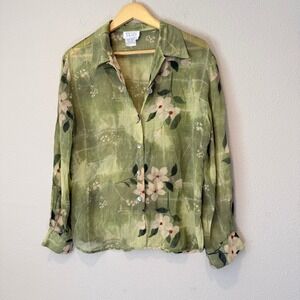 TESS Womens 100% Silk Sage Green Floral Button Down Blouse Long Sleeve Large